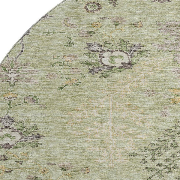 HomeRoots 8' Washable Round Rug in Artichoke Green, Gold & Beige - UV Protected Floral Elegance for Homes 687026