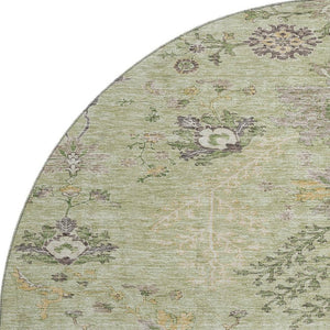 HomeRoots 8' Washable Round Rug in Artichoke Green, Gold & Beige - UV Protected Floral Elegance for Homes 687026