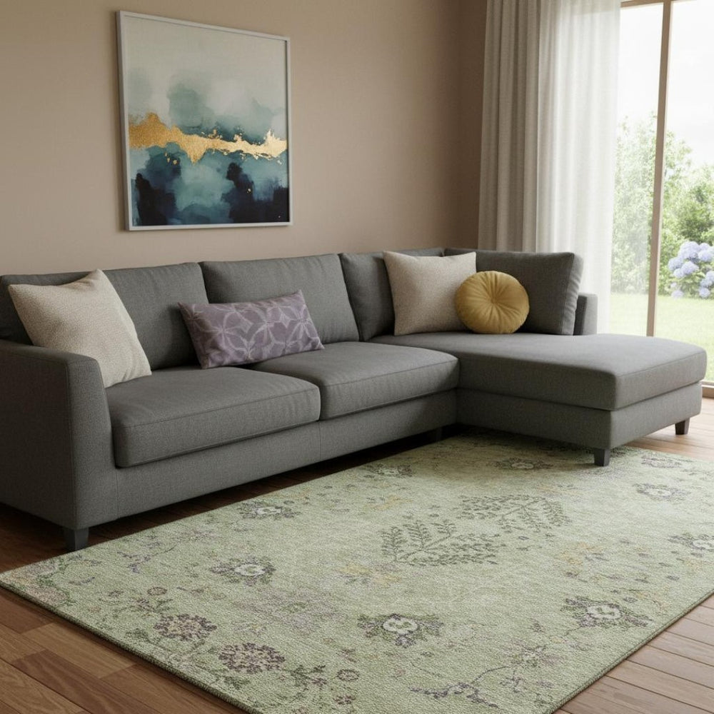 HomeRoots 8' X 10' Elegant Artichoke Green Floral Area Rug - Washable, UV Protection, Stain Resistant & Stylish! 687027
