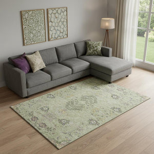 HomeRoots 10' X 14' Artichoke Green Floral Area Rug - Machine Washable, UV Protected, Stylish & Durable Design 687029