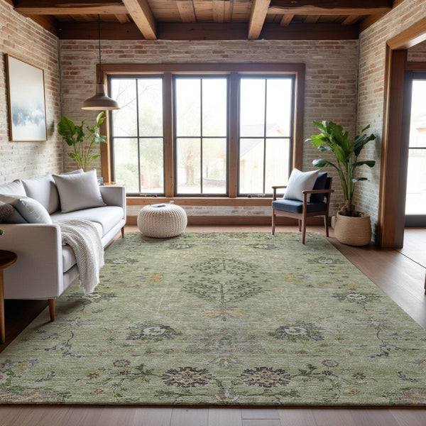 HomeRoots 10' X 14' Artichoke Green Floral Area Rug - Machine Washable, UV Protected, Stylish & Durable Design 687029