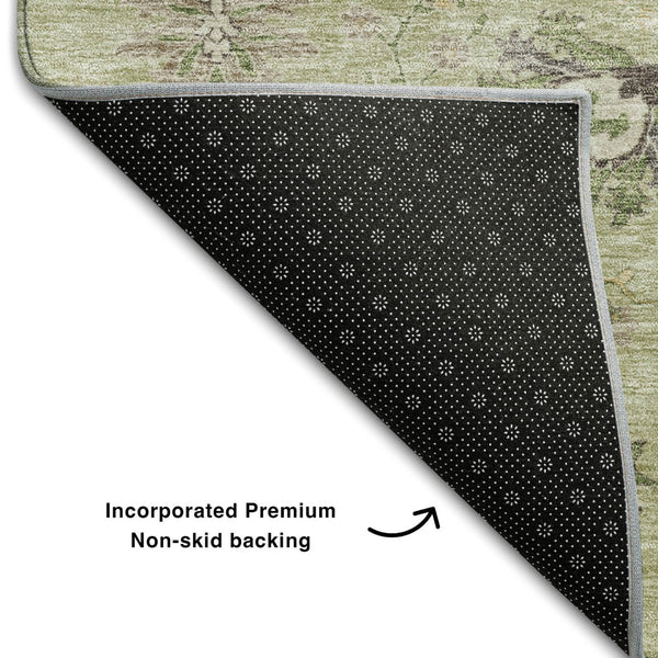 HomeRoots 10' X 14' Artichoke Green Floral Area Rug - Machine Washable, UV Protected, Stylish & Durable Design 687029