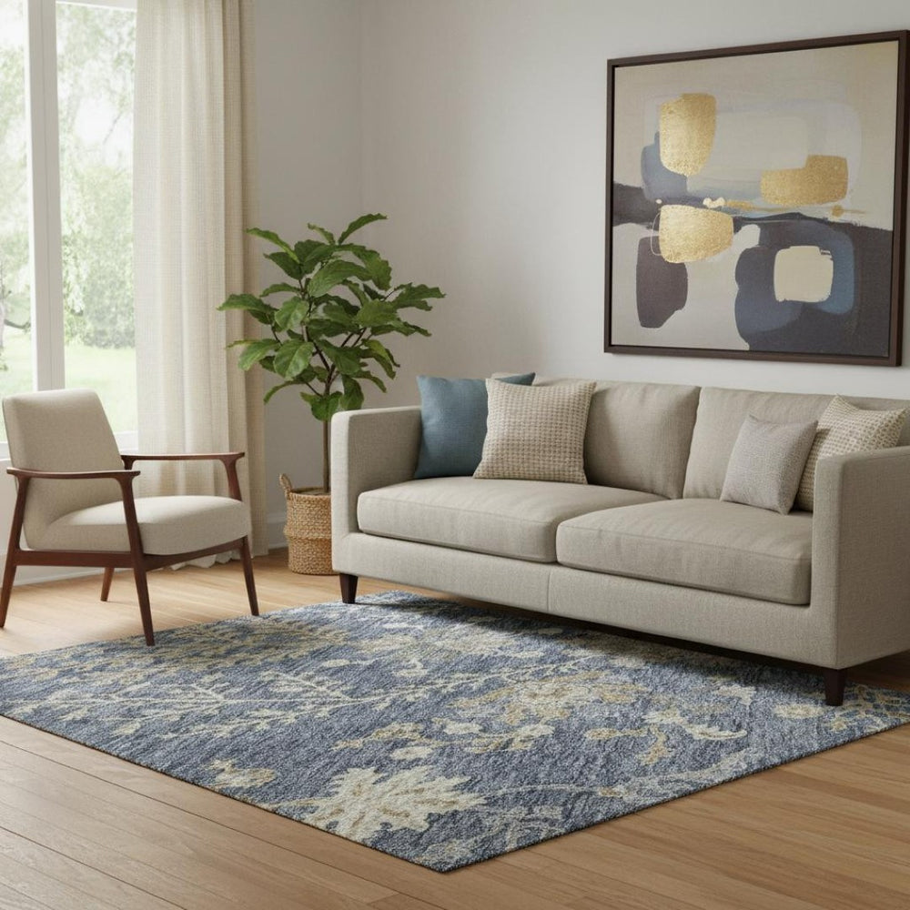 HomeRoots 5' X 8' Blue Beige Gray Floral Area Rug - Washable, UV-Protected, Stain-Resistant for Easy Care Decor 687031