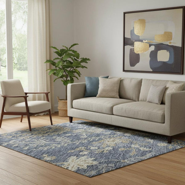 HomeRoots 5' X 8' Blue Beige Gray Floral Area Rug - Washable, UV-Protected, Stain-Resistant for Easy Care Decor 687031