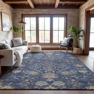 HomeRoots 5' X 8' Blue Beige Gray Floral Area Rug - Washable, UV-Protected, Stain-Resistant for Easy Care Decor 687031