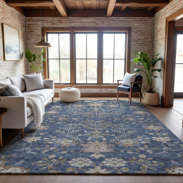 HomeRoots 5' X 8' Blue Beige Gray Floral Area Rug - Washable, UV-Protected, Stain-Resistant for Easy Care Decor 687031