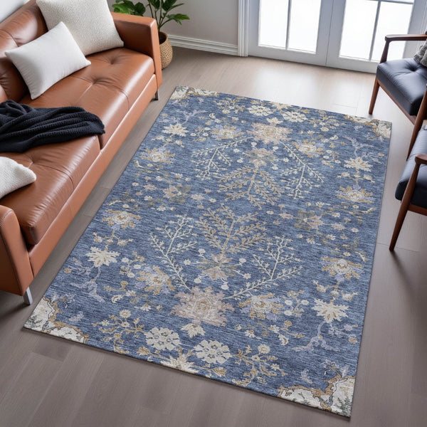HomeRoots 5' X 8' Blue Beige Gray Floral Area Rug - Washable, UV-Protected, Stain-Resistant for Easy Care Decor 687031