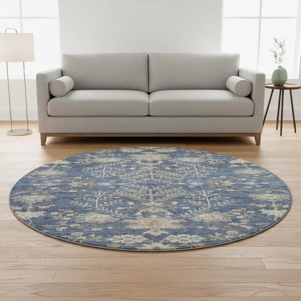 HomeRoots 8' Blue Beige and Gray Floral Washable Round Rug – Durable, UV-Protected, Ideal for Busy Homes! 687032