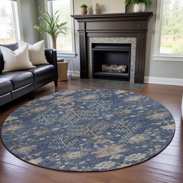 HomeRoots 8' Blue Beige and Gray Floral Washable Round Rug – Durable, UV-Protected, Ideal for Busy Homes! 687032