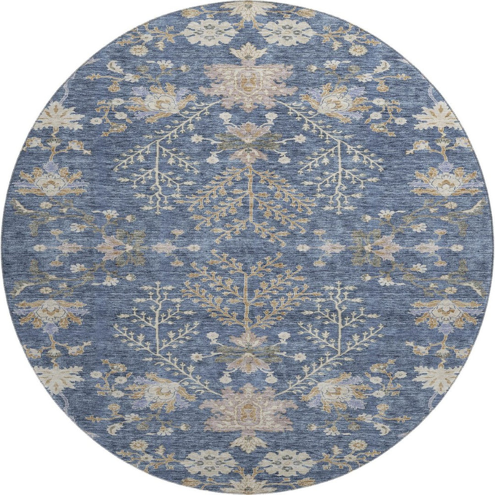 HomeRoots 8' Blue Beige and Gray Floral Washable Round Rug – Durable, UV-Protected, Ideal for Busy Homes! 687032