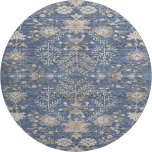 HomeRoots 8' Blue Beige and Gray Floral Washable Round Rug – Durable, UV-Protected, Ideal for Busy Homes! 687032
