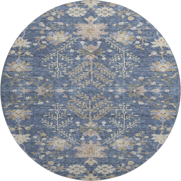 HomeRoots 8' Blue Beige and Gray Floral Washable Round Rug – Durable, UV-Protected, Ideal for Busy Homes! 687032