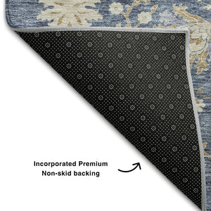 HomeRoots 8' Blue Beige and Gray Floral Washable Round Rug – Durable, UV-Protected, Ideal for Busy Homes! 687032