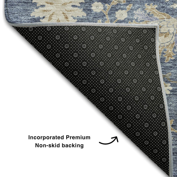 HomeRoots 8' Blue Beige and Gray Floral Washable Round Rug – Durable, UV-Protected, Ideal for Busy Homes! 687032