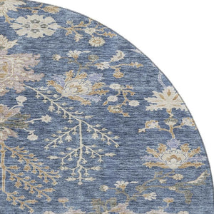 HomeRoots 8' Blue Beige and Gray Floral Washable Round Rug – Durable, UV-Protected, Ideal for Busy Homes! 687032