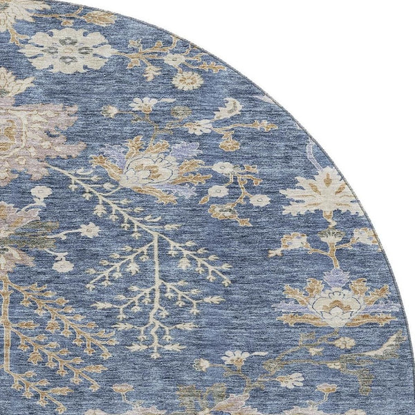 HomeRoots 8' Blue Beige and Gray Floral Washable Round Rug – Durable, UV-Protected, Ideal for Busy Homes! 687032