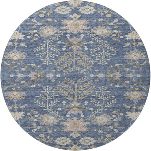 HomeRoots 8' Blue Beige and Gray Floral Washable Round Rug – Durable, UV-Protected, Ideal for Busy Homes! 687032