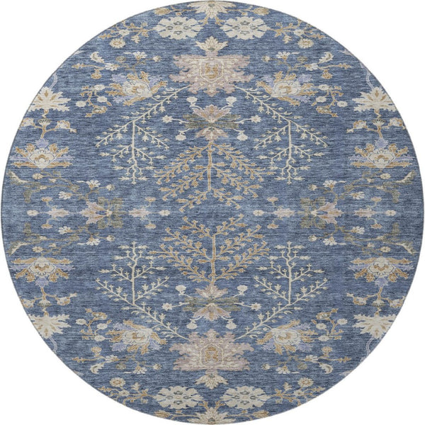 HomeRoots 8' Blue Beige and Gray Floral Washable Round Rug – Durable, UV-Protected, Ideal for Busy Homes! 687032