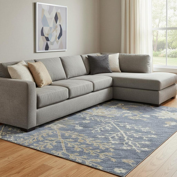 HomeRoots 8' X 10' Floral Area Rug in Blue, Beige & Gray—Washable, Stain-Resistant, UV-Protected for Homes 687033
