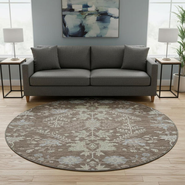 HomeRoots 8' Brown Beige and Blue Floral Washable Round Rug - Durable, UV-Protected, Perfect for High-Traffic Homes 687038