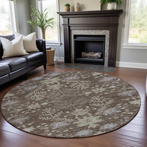 HomeRoots 8' Brown Beige and Blue Floral Washable Round Rug - Durable, UV-Protected, Perfect for High-Traffic Homes 687038