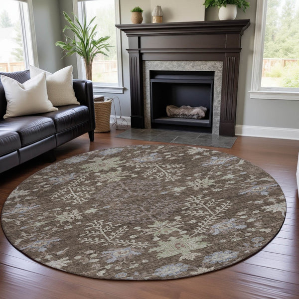 HomeRoots 8' Brown Beige and Blue Floral Washable Round Rug - Durable, UV-Protected, Perfect for High-Traffic Homes 687038