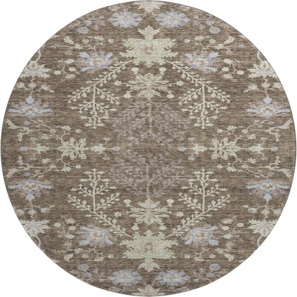 HomeRoots 8' Brown Beige and Blue Floral Washable Round Rug - Durable, UV-Protected, Perfect for High-Traffic Homes 687038
