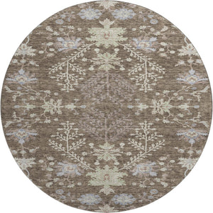 HomeRoots 8' Brown Beige and Blue Floral Washable Round Rug - Durable, UV-Protected, Perfect for High-Traffic Homes 687038