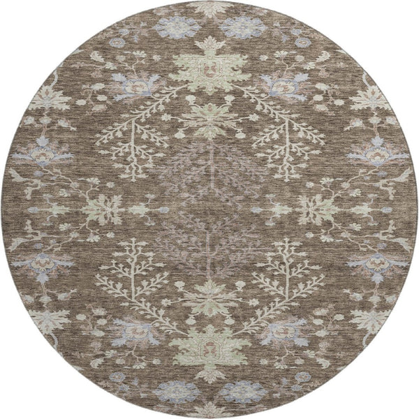 HomeRoots 8' Brown Beige and Blue Floral Washable Round Rug - Durable, UV-Protected, Perfect for High-Traffic Homes 687038