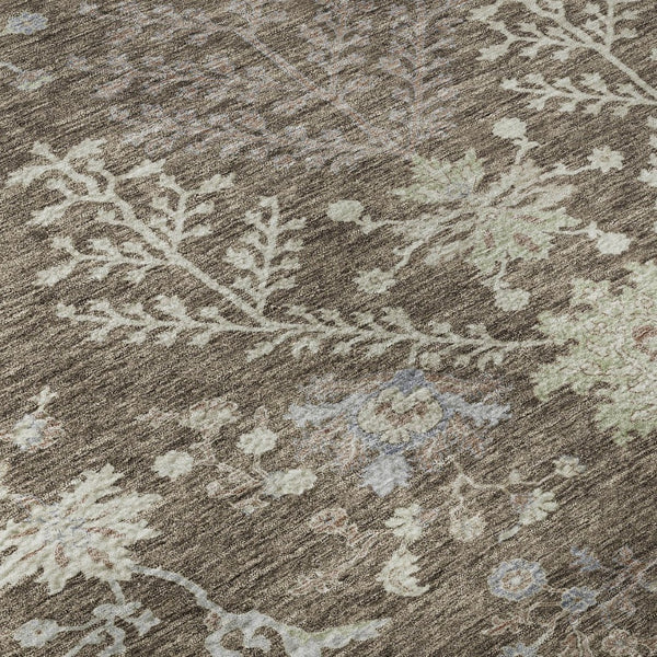 HomeRoots 8' Brown Beige and Blue Floral Washable Round Rug - Durable, UV-Protected, Perfect for High-Traffic Homes 687038