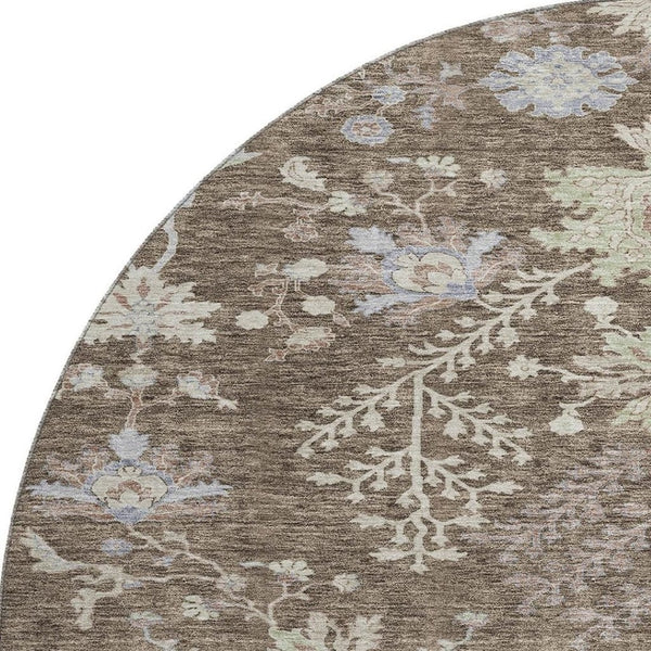 HomeRoots 8' Brown Beige and Blue Floral Washable Round Rug - Durable, UV-Protected, Perfect for High-Traffic Homes 687038
