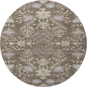 HomeRoots 8' Brown Beige and Blue Floral Washable Round Rug - Durable, UV-Protected, Perfect for High-Traffic Homes 687038