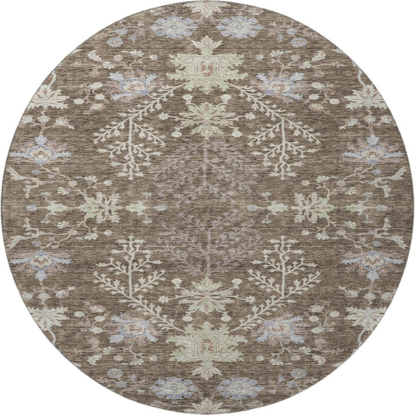 HomeRoots 8' Brown Beige and Blue Floral Washable Round Rug - Durable, UV-Protected, Perfect for High-Traffic Homes 687038