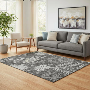 HomeRoots 5' X 8' Charcoal Gray Floral Area Rug - Washable, UV Protected, Stain Resistant - Perfect for Homes! 687043