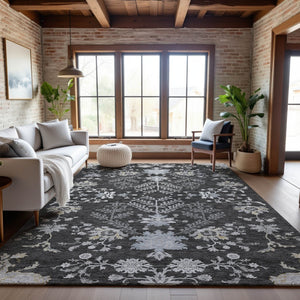 HomeRoots 5' X 8' Charcoal Gray Floral Area Rug - Washable, UV Protected, Stain Resistant - Perfect for Homes! 687043