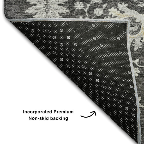 HomeRoots 5' X 8' Charcoal Gray Floral Area Rug - Washable, UV Protected, Stain Resistant - Perfect for Homes! 687043