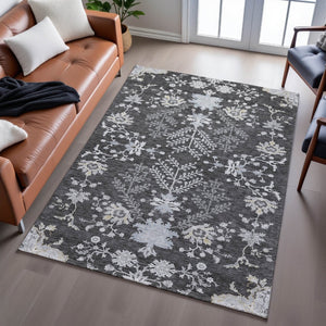 HomeRoots 5' X 8' Charcoal Gray Floral Area Rug - Washable, UV Protected, Stain Resistant - Perfect for Homes! 687043