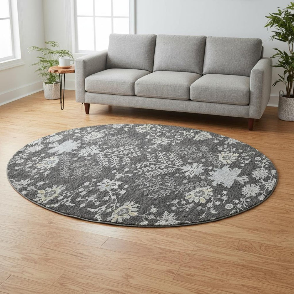 HomeRoots 8' Charcoal Gray & Silver Floral Washable Round Area Rug - UV Resistant, Stain-Proof & Stylish Decor 687044