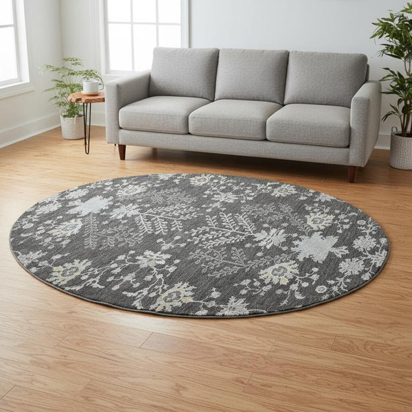 HomeRoots 8' Charcoal Gray & Silver Floral Washable Round Area Rug - UV Resistant, Stain-Proof & Stylish Decor 687044