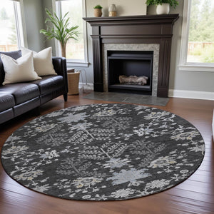 HomeRoots 8' Charcoal Gray & Silver Floral Washable Round Area Rug - UV Resistant, Stain-Proof & Stylish Decor 687044