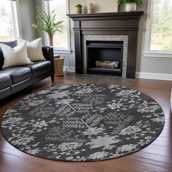 HomeRoots 8' Charcoal Gray & Silver Floral Washable Round Area Rug - UV Resistant, Stain-Proof & Stylish Decor 687044