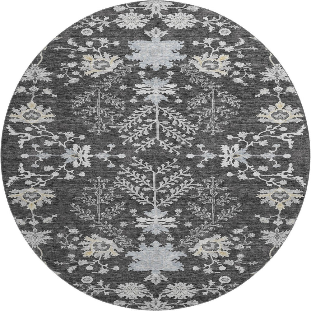 HomeRoots 8' Charcoal Gray & Silver Floral Washable Round Area Rug - UV Resistant, Stain-Proof & Stylish Decor 687044