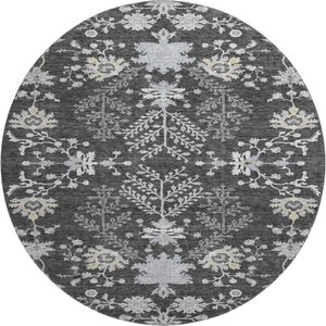 HomeRoots 8' Charcoal Gray & Silver Floral Washable Round Area Rug - UV Resistant, Stain-Proof & Stylish Decor 687044