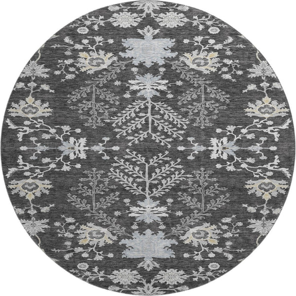 HomeRoots 8' Charcoal Gray & Silver Floral Washable Round Area Rug - UV Resistant, Stain-Proof & Stylish Decor 687044