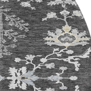 HomeRoots 8' Charcoal Gray & Silver Floral Washable Round Area Rug - UV Resistant, Stain-Proof & Stylish Decor 687044