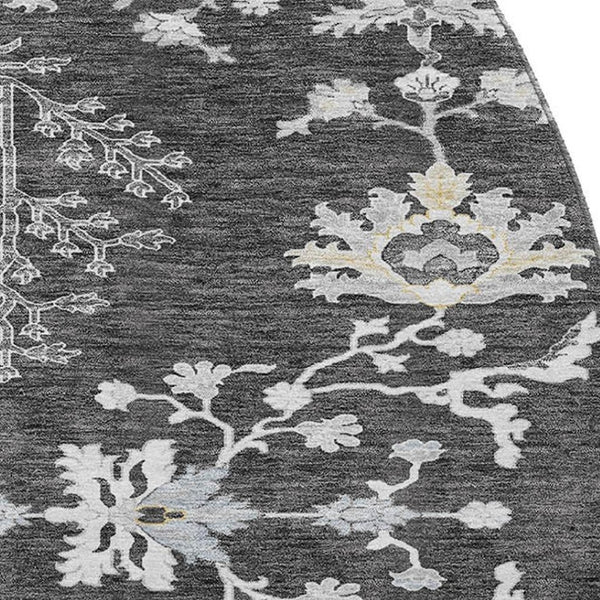 HomeRoots 8' Charcoal Gray & Silver Floral Washable Round Area Rug - UV Resistant, Stain-Proof & Stylish Decor 687044