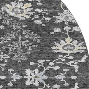HomeRoots 8' Charcoal Gray & Silver Floral Washable Round Area Rug - UV Resistant, Stain-Proof & Stylish Decor 687044