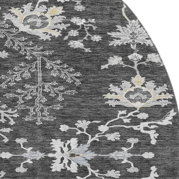 HomeRoots 8' Charcoal Gray & Silver Floral Washable Round Area Rug - UV Resistant, Stain-Proof & Stylish Decor 687044