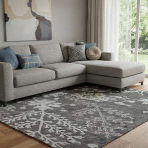 HomeRoots 8' X 10' Charcoal Gray Floral Area Rug - Washable, UV Protected, Pet-Friendly for Stylish Homes 687045