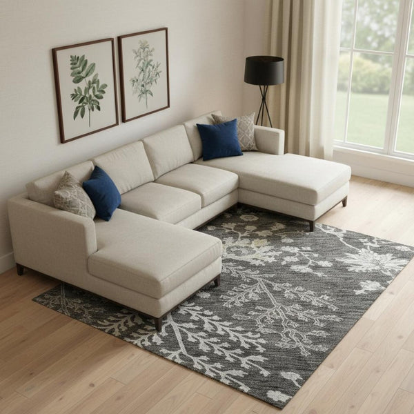 HomeRoots 9' X 12' Charcoal Gray Floral Area Rug - Washable, UV Protected, Elegant Design for High-Traffic Spaces 687046